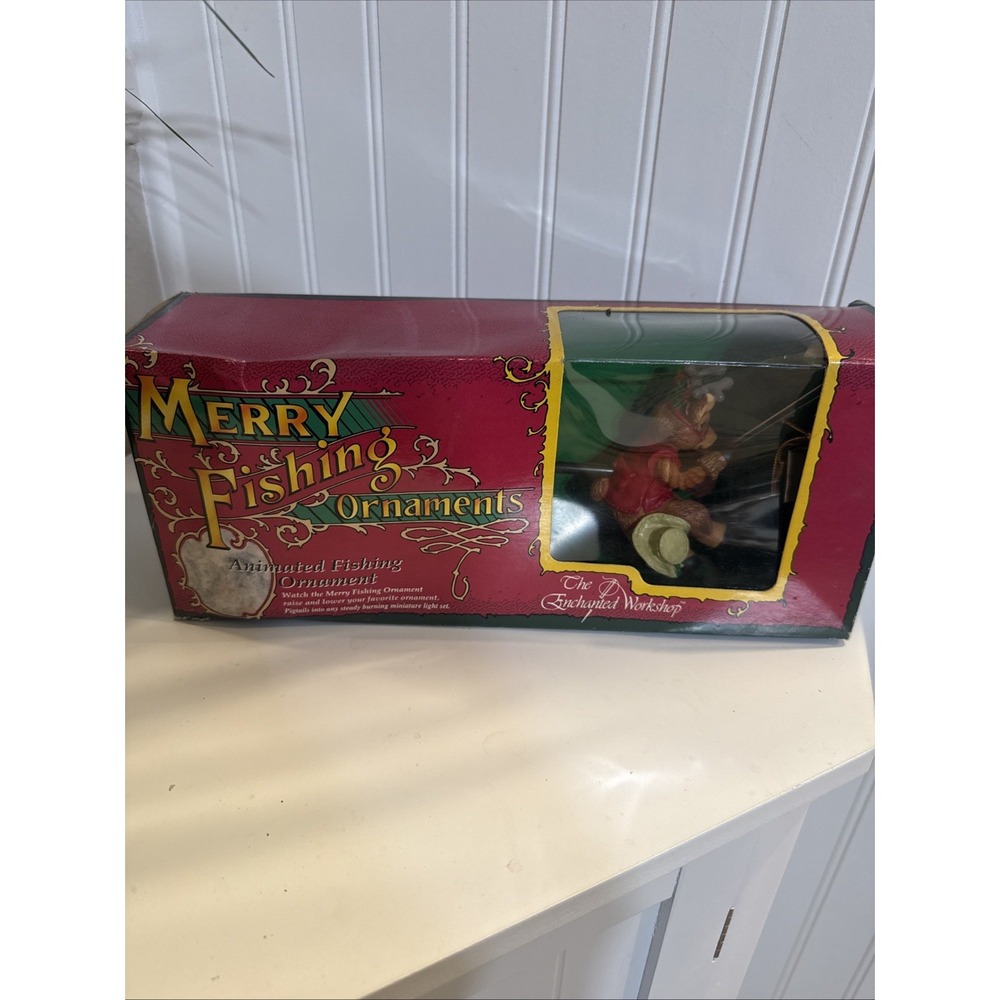 RARE Vintage Enchanted Workshop Merry Fishing Animated REINDEER Ornament NIB